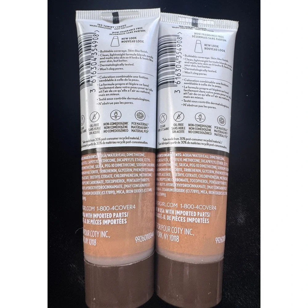 2PK Covergirl Clean Invisible Foundation 165 Tawny Fauve Warm 1oz Vegan Liquid